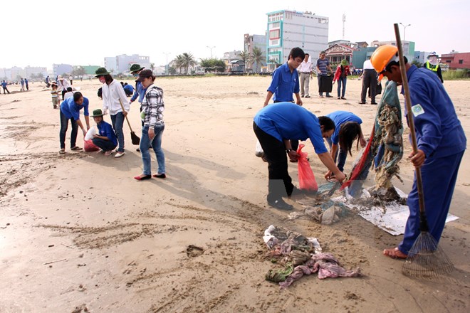 thanh niên tình nguyện dọn rác ở bãi biển Đà Nẵng